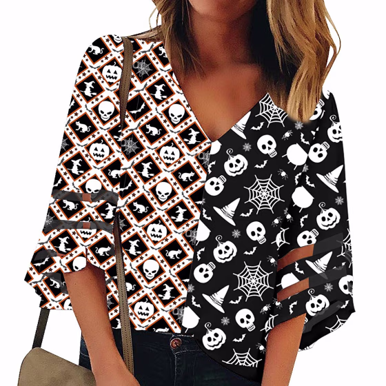 Halloween Mesh Panel Bell-Sleeve Blouse