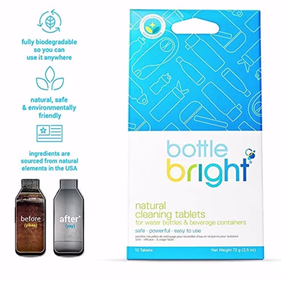 Bottle Bright (12 Tablets) - All Natural, Biodegradable, Chlorine & Odor Free Water Bottle & Hydration Pack Cleaning Tablets