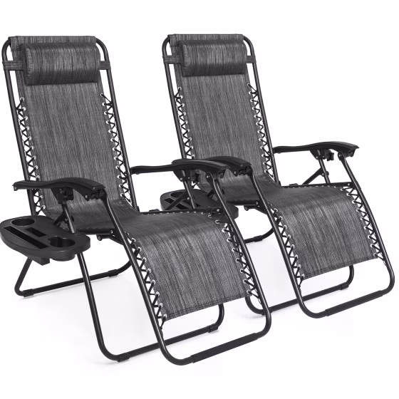Best Choice Products Set of 2 Adjustable Steel Mesh Zero Gravity Lounge Chair Recliners w/Pillows and Cup Holder Trays, Gray