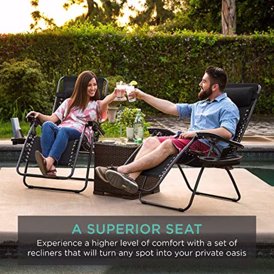 Best Choice Products Set of 2 Adjustable Steel Mesh Zero Gravity Lounge Chair Recliners w/Pillows and Cup Holder Trays, Gray