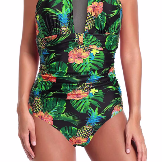 Tempt Me Women One Piece Swimsuit High Neck V-Neck Mesh Ruched Swimwear Black M