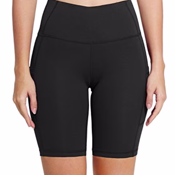BALEAF Women's 8" High Waist Biker Workout Yoga Running Compression Exercise Shorts Side Pockets Black Size M