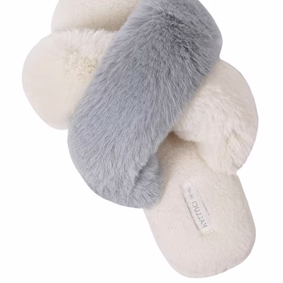 HALLUCI Women's Cross Band Soft Plush Fleece House Indoor or Outdoor Slippers (5-6, Cream) Beige