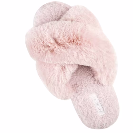 HALLUCI Women's Cross Band Soft Plush Fleece House Indoor or Outdoor Slippers (5-6, Cream) Beige