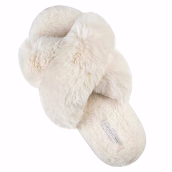 HALLUCI Women's Cross Band Soft Plush Fleece House Indoor or Outdoor Slippers (5-6, Cream) Beige