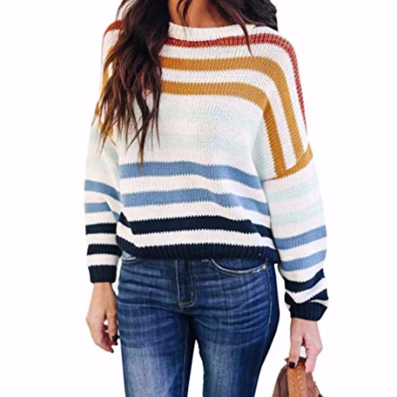 KIRUNDO Women's Strip Color Block Short Sweater Long Sleeves Stitching Color Round Neck Loose Pullovers Jumper Tops (Medium, 2014-Blue)