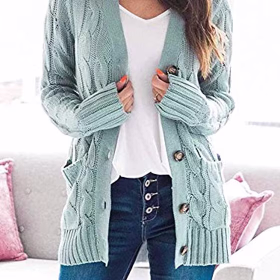 PRETTYGARDEN Women's Long Sleeve Open Front Knitted Cardigan Sweater Button Down Chunky Outwear Coat with Pockets Green