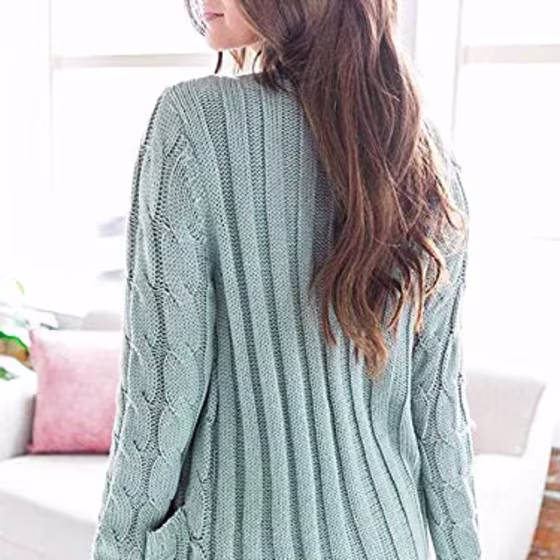 PRETTYGARDEN Women's Long Sleeve Open Front Knitted Cardigan Sweater Button Down Chunky Outwear Coat with Pockets Green