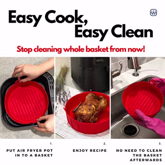 WAVELU Air Fryer Silicone Pot - [UPGRADED] Food Safe Air fryers Oven Accessories | Replacement of Flammable Parchment Liner Paper | No More Harsh Cleaning Basket After Using Airfryer (For 3 to 5 QT)