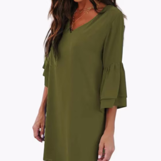 Belongsci V-Neck Bell Sleeve Shift Dress
