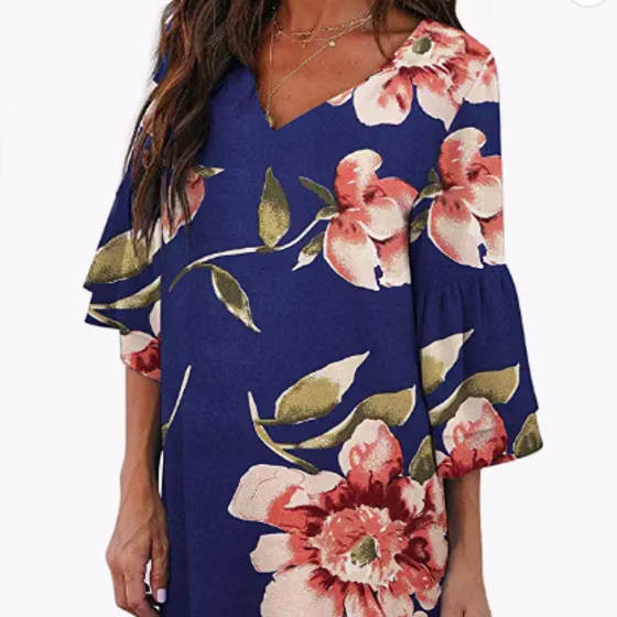 Belongsci V-Neck Bell Sleeve Shift Dress