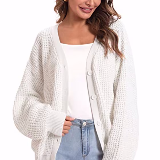 QUALFORT Women's Cardigan Sweater 100% Cotton Button-Down Long Sleeve Oversized Knit Cardigans Off White Small