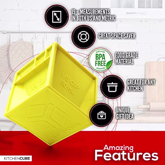 KITCHEN CUBE | NEW All-in-One Measuring Cup to Improve Organization and Reduce Clutter | Premium Measuring Device With 19+ Cooking Measurements For Cooking and Baking | Excellent Gift! (Yellow)