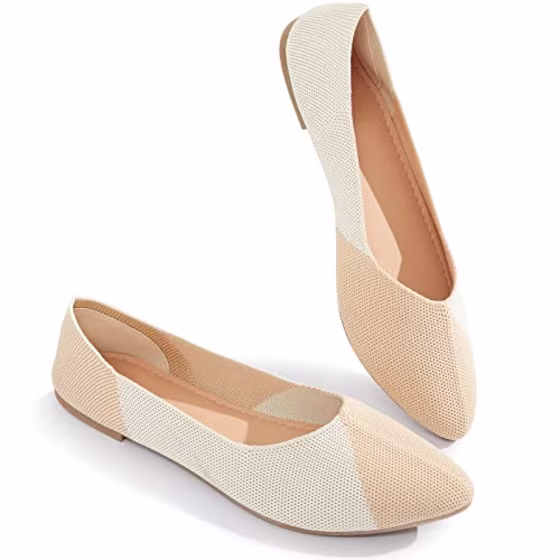 BABUDOG Women's Mesh Flats Shoes Pointed-Toe Dress Shoes for Women Black Flats Shoes Comfortable Memory Foam Flats Shoes(White&amp;Beige.US7)