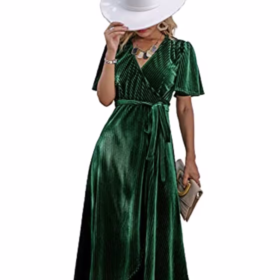 BerryGo Women's Semi Formal Velvet Wrap Dress Prom Cocktail Short Sleeve Swing Long Maxi Dress Emerald Green S