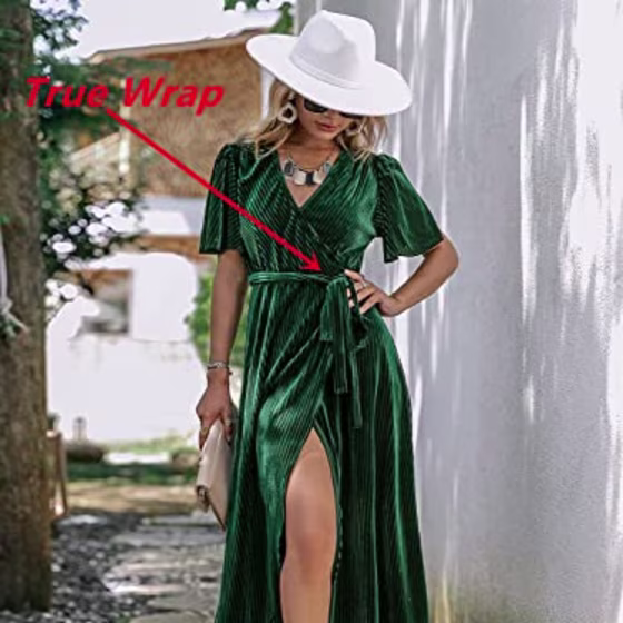 BerryGo Women's Semi Formal Velvet Wrap Dress Prom Cocktail Short Sleeve Swing Long Maxi Dress Emerald Green S