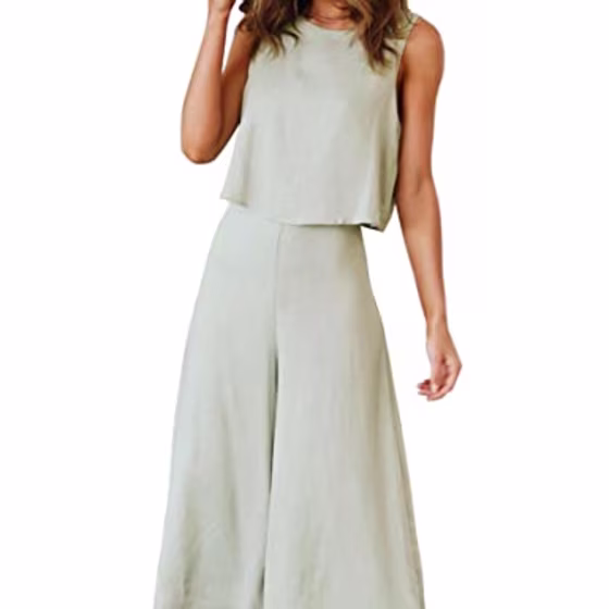 ROYLAMP Women's Summer 2 Piece Outfits Round Neck Crop Basic Top Cropped Wide Leg Pants Set Jumpsuits Light Green XS
