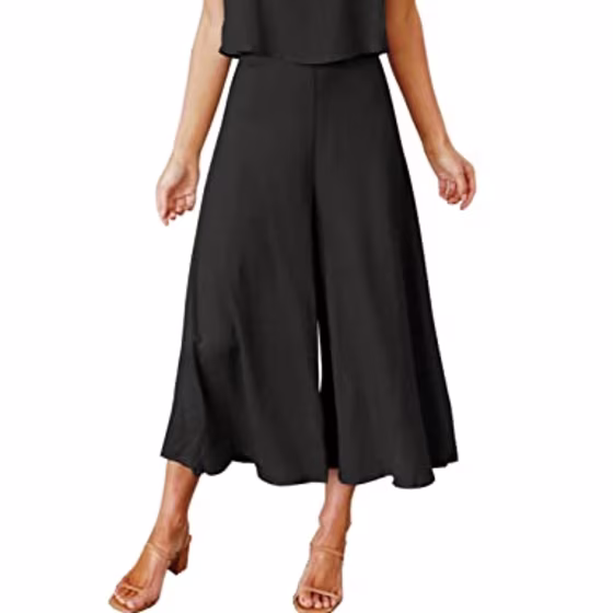 ROYLAMP Women's Summer 2 Piece Outfits Round Neck Crop Basic Top Cropped Wide Leg Pants Set Jumpsuits Light Green XS