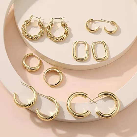 Gold Hoop Earrings Set for Women, 14K Gold Plated Lightweight Hypoallergenic Chunky Open Hoops Set for Gift