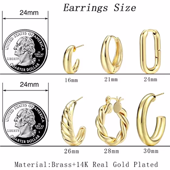 Gold Hoop Earrings Set for Women, 14K Gold Plated Lightweight Hypoallergenic Chunky Open Hoops Set for Gift