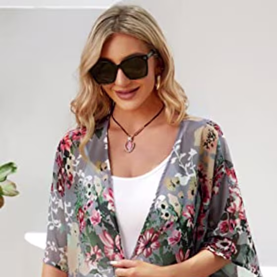 Women's Floral Print Puff Sleeve Kimono Cardigan Loose Cover Up Casual Blouse Tops (Dark Grey, S)