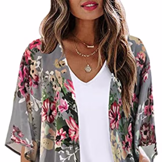 Women's Floral Print Puff Sleeve Kimono Cardigan Loose Cover Up Casual Blouse Tops (Dark Grey, S)