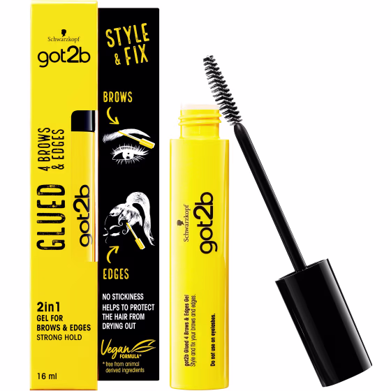 Got2B Schwarzkopf Glued for Brows & Edges 2 in 1 Wand Gel, For Laying Edges and Styling Brows, 72hr Hold, No White Residue or Stickness, Vegan, Silicone Free, Alcohol Free, 16 ml (Pack of 1)