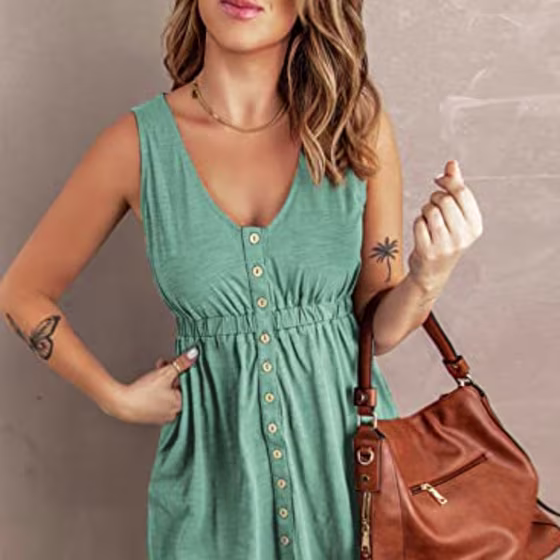 BTFBM Women Sleeveless Summer Dress 2023 Crewneck Ribbed Knit Ruffle Swing Button Down Beach Sun Mini Tank Short Dresses(Buttons Fruit Green, Medium)