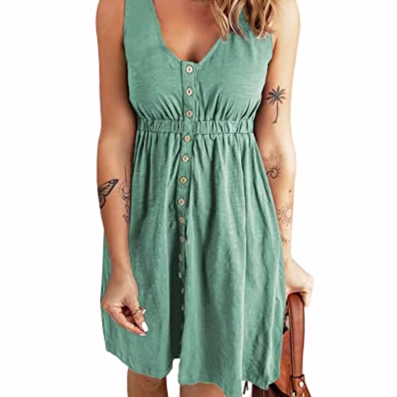 BTFBM Women Sleeveless Summer Dress 2023 Crewneck Ribbed Knit Ruffle Swing Button Down Beach Sun Mini Tank Short Dresses(Buttons Fruit Green, Medium)