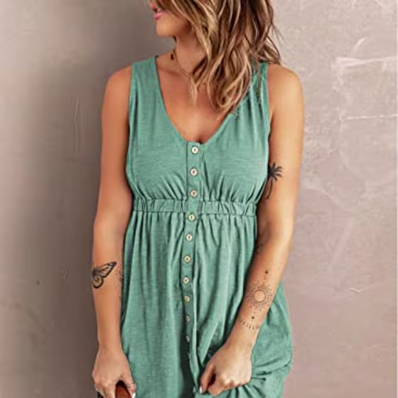 BTFBM Women Sleeveless Summer Dress 2023 Crewneck Ribbed Knit Ruffle Swing Button Down Beach Sun Mini Tank Short Dresses(Buttons Fruit Green, Medium)