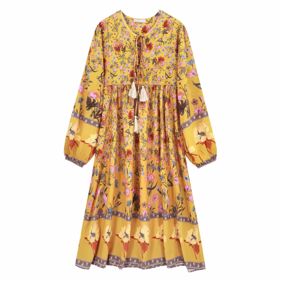 Long Sleeve Floral Bohemian Midi Dress