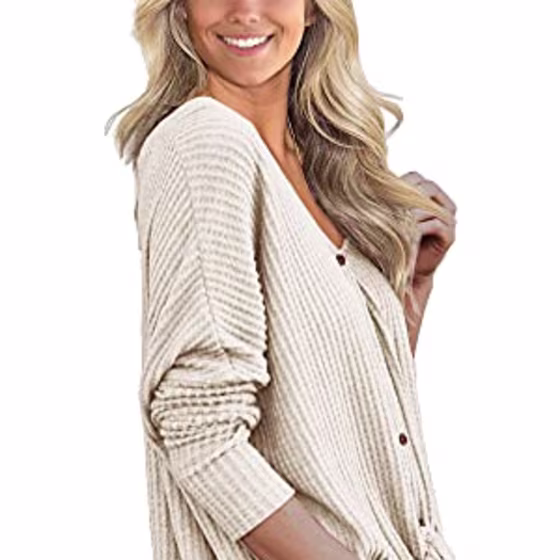 IWOLLENCE Womens Loose Henley Blouse Bat Wing Long Sleeve Button Down T Shirts Tie Front Knot Tops Oatmeal X-Large