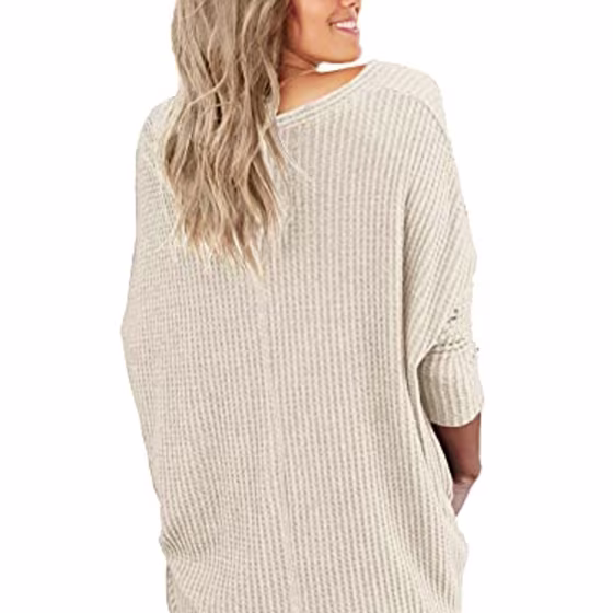 IWOLLENCE Womens Loose Henley Blouse Bat Wing Long Sleeve Button Down T Shirts Tie Front Knot Tops Oatmeal X-Large
