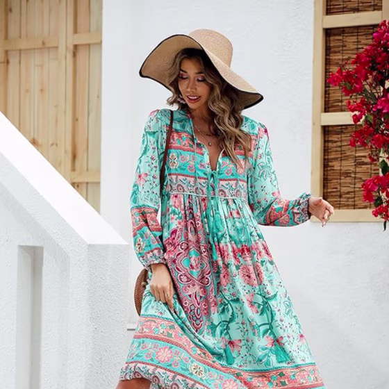 Long Sleeve Floral Bohemian Midi Dress