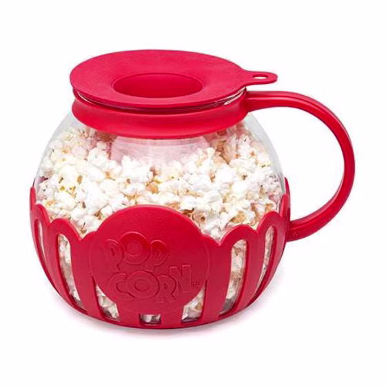 Ecolution Original Microwave Micro-Pop Popcorn Popper, Borosilicate Glass, 3-in-1 Silicone Lid, Dishwasher Safe, BPA Free, 1.5 Quart Snack Size, Red