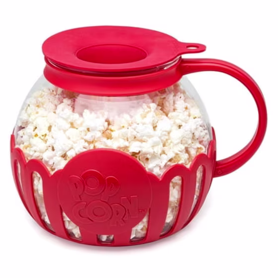 Ecolution Original Microwave Micro-Pop Popcorn Popper, Borosilicate Glass, 3-in-1 Silicone Lid, Dishwasher Safe, BPA Free, 1.5 Quart Snack Size, Red