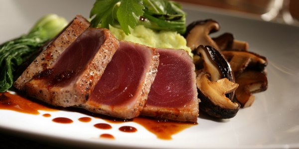 Grilled Ahi Tuna With Wasabi Whipped Potatoes Topped With Shiitake Mushrooms and Baby Bok Choy 