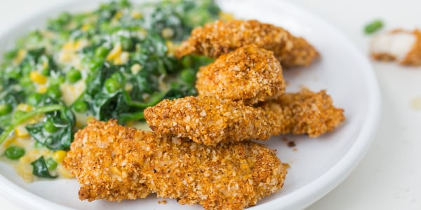 Oven-Fried Chicken with Feta, Corn, Peas and Spinach