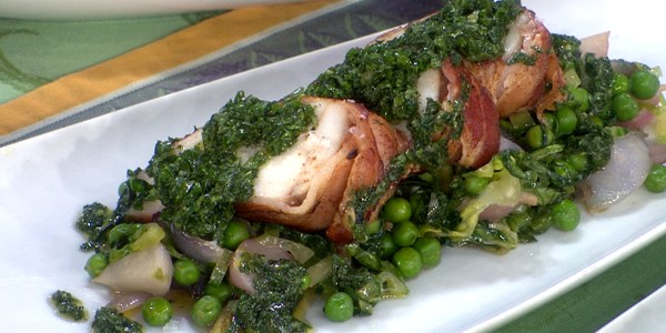 Bacon-Wrapped Monkfish with Peas, Radishes and Salsa Verde