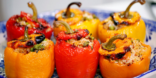 Roasted Bell Peppers with Vegetable Rice Stuffing
