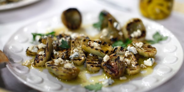 Marinated and Grilled Baby Artichokes with Blue Cheese Vinaigrette