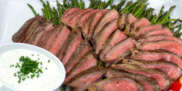 Broiled Steak and Asparagus with Feta Cream Sauce 