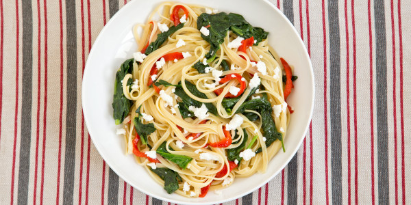 Linguine with Sauteed Spinach, Roasted Red Peppers and Feta