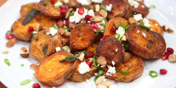 Roast Sweet Potatoes with Feta, Almonds & Pomegranate