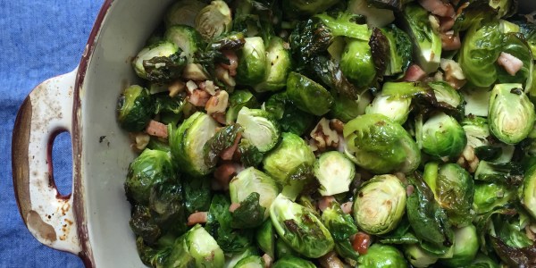 Roasted Brussels sprouts with walnuts and Canadian bacon