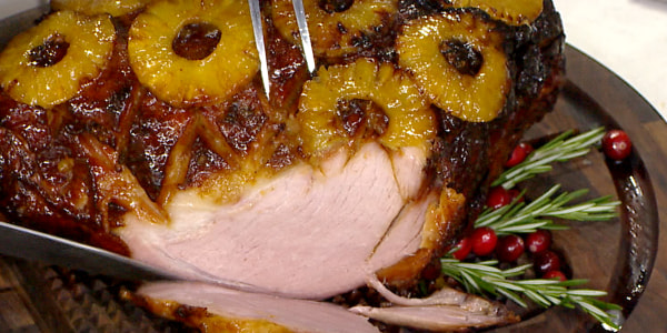 Roasted Ham with Pineapple Glaze and Bacon Brussels Sprouts