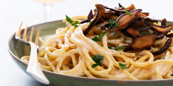 Pasta Carbonara with Shiitake Bacon