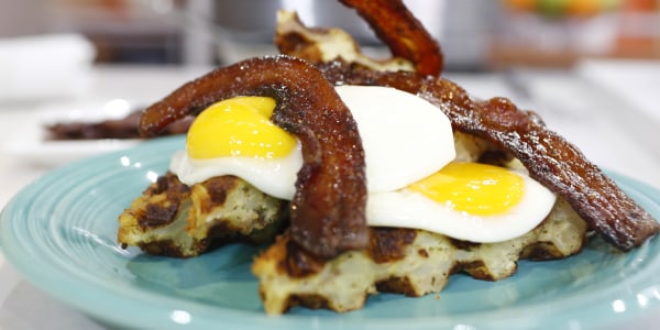 Hash Brown Waffle with Fried Egg and Candied Bacon