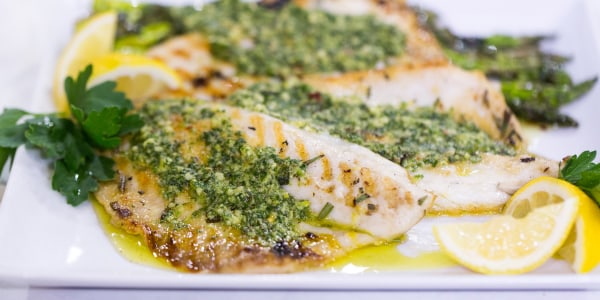 Grilled Branzino with Anchovy and Rosemary Pesto