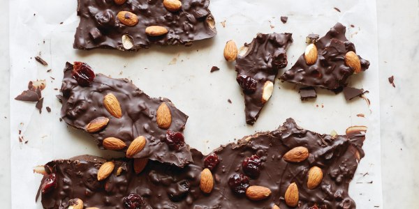 Dark chocolate almond rind with cherries and ginger